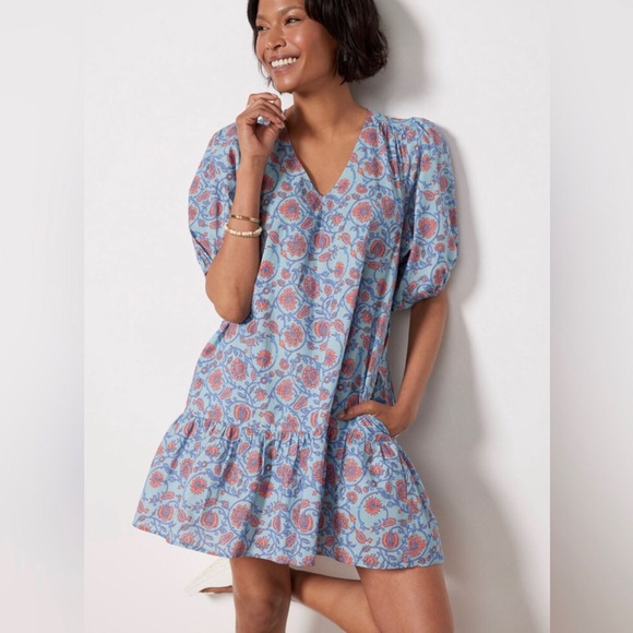 Sundry x Evereve Viola All Day Dress Size M 8/10 Blue Floral Cotton Puff Sleeve - Picture 1 of 9